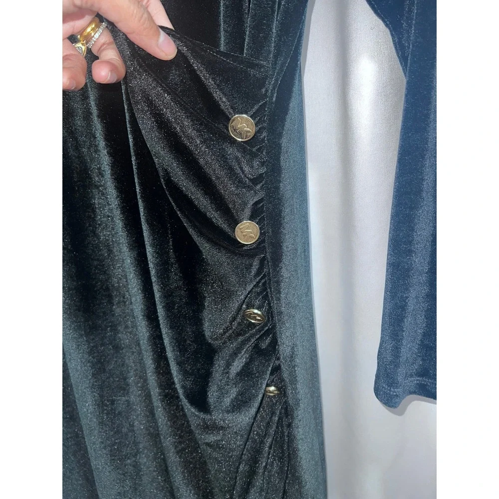 Michael Kors Women Green Velvet Faux Wrap Dress Long Sleeve Gold MK Button 1X